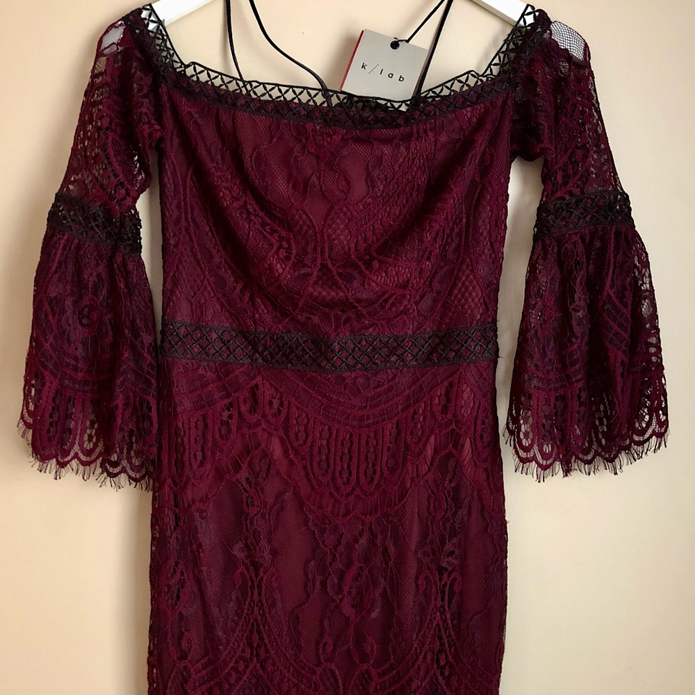 K/LAB Wine Lace Off-Shoulder Bell Sleeve Dress 🍷